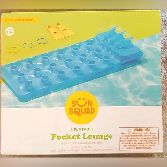 Sun Squad Blue Inflatable Pocket Lounge Raft Swimming Pool, Summer Fun - Picture 1 of 4